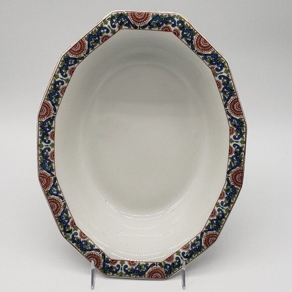 Limoges PL France Vintage Porcelain Blue Red Green Floral Dodecagon Serving Bowl - Picture 11 of 13